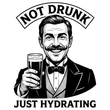 cheerful Victorian man holding a beer glass, with the slogan Not drunk, just hydrating. t-shirt apparel hoodie design design.