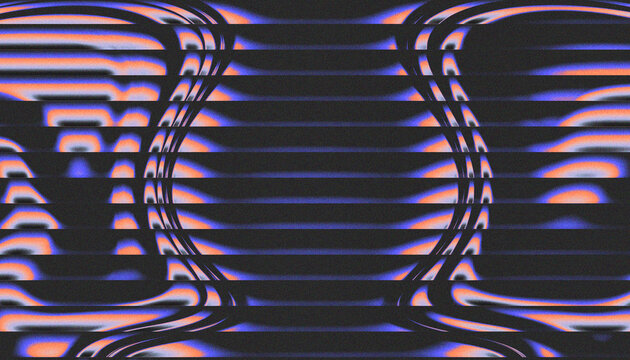 Abstract retro horizontal scanlines background with neon orange and blue double wave hourglass distortion and grainy noise texture