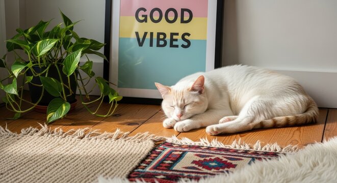 Sleeping white cat resting indoors next to framed inspirational artwork