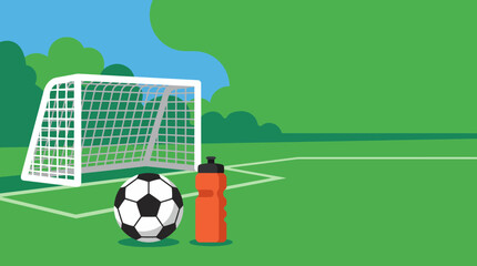 Soccer goal post with ball and water bottle on green field flat vector illustration © MA studio
