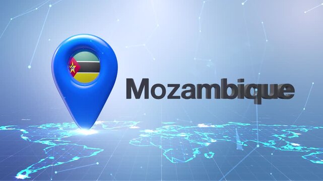 Mozambique Flag Inside Location Pin On Digital World Map Animation