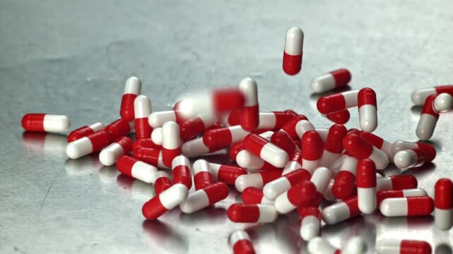 Red white capsules spilling on metal tabletop industrial closeup Filmed on a high-speed camera at 1000 fps.