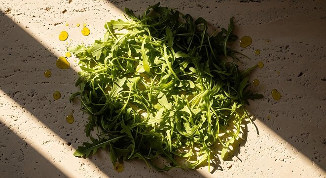 A fresh bunch of rocket leaves prepared for a chiffonade cut on a rustic stone countertop with droplets of golden olive oil in bright natural sunlight