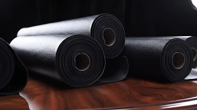 Rolls of Black Material on a Wooden Surface.