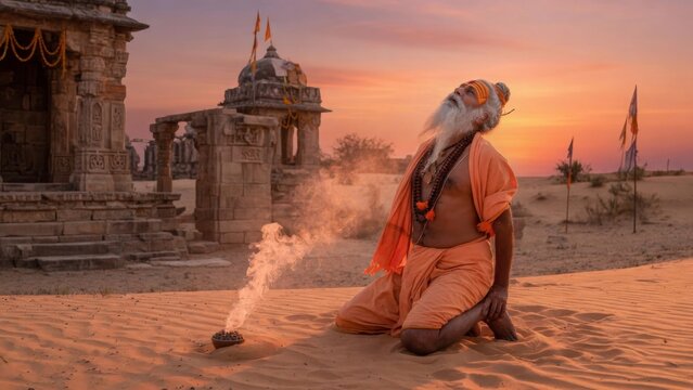 Ancient yogi practicing camel pose near sacred ruins at sunset, chest lifted in a deep backbend, orange robes and desert light creating a spiritual yoga wellness scene for mindful fitness