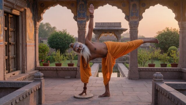 Ancient yogi practicing standing split pose in a temple courtyard, one leg lifted high behind the body, warm sunlight and sacred architecture creating a graceful spiritual yoga wellness scene