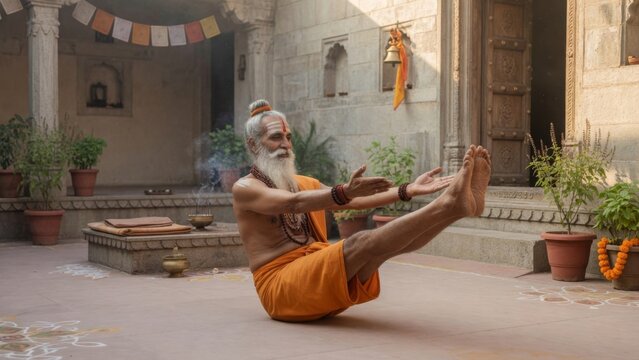 Ancient yogi practicing boat pose on a mat inside a peaceful temple room, legs lifted and core engaged, warm light creating a focused spiritual yoga wellness scene, ideal for mindful fitness