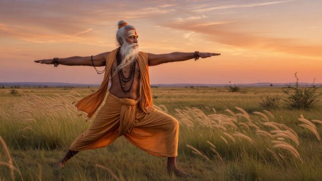 Ancient yogi holding warrior two pose in a golden grassland at sunset, arms extended with strong balance, warm sky creating a spiritual yoga wellness scene, ideal for mindful fitness and inner peace