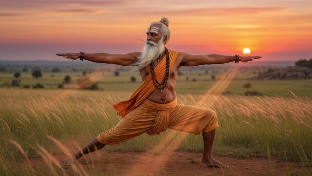 Ancient yogi performing warrior two pose in a sunset grassland, arms stretched wide and knee bent, orange robes creating a powerful spiritual yoga wellness scene, ideal for mindful fitness