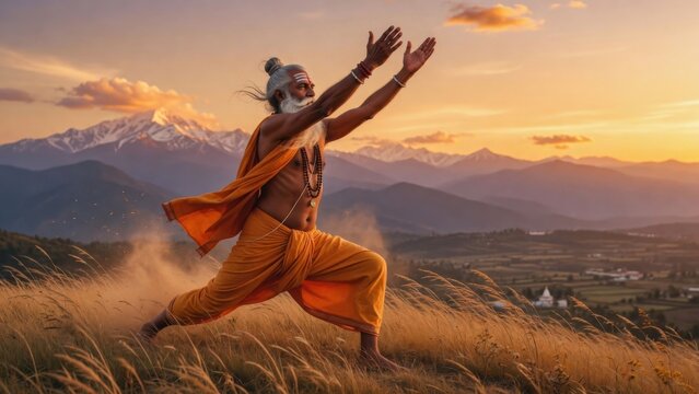 Ancient yogi performing warrior one pose on a mountain ridge at sunrise, arms lifted and knee bent, orange robes and dramatic landscape creating a powerful spiritual yoga wellness scene
