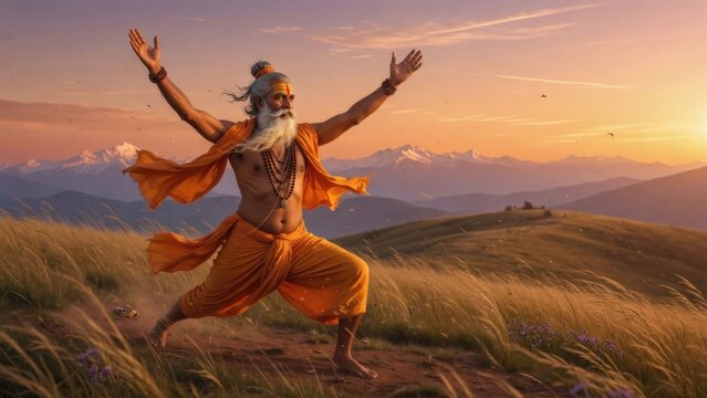 Ancient yogi performing goddess pose in a golden grassland at sunset, knees bent and arms lifted, orange robes and open sky creating a powerful spiritual yoga wellness scene