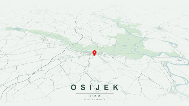 Modern minimalist vector map of Osijek, Slavonia, Croatia. High-quality scalable illustration of Osijek city grid, Drava River, Tvrđa baroque fortress , Gornji Grad axis for posters and design.