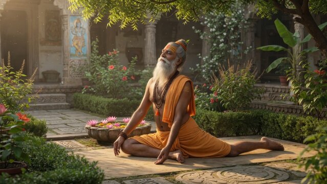 Ancient yogi practicing seated one leg forward bend in a lush temple garden, orange robes, flowers and sunbeams creating a calm spiritual yoga wellness scene for mindful fitness