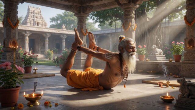 Ancient yogi practicing bow pose on a temple mat, hands holding the feet in a deep backbend, warm sunlight and sacred architecture creating a graceful yoga wellness scene