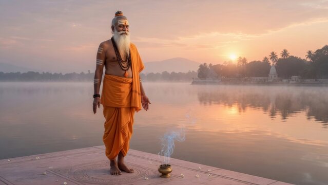 Ancient yogi standing in mountain pose on a peaceful riverside platform at sunrise, orange robes, misty water and pastel sky creating a calm spiritual yoga wellness scene