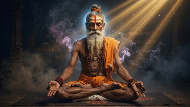 Ancient yogi sitting in lotus meditation pose under dramatic golden temple light, orange robes, smoke and sacred atmosphere creating a mystical mindfulness and wellness scene