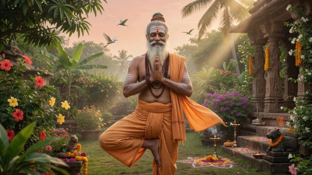 Ancient yogi holding tree pose in a flowering temple garden, one foot balanced on the leg with hands in prayer, golden sunlight creating a peaceful spiritual yoga wellness scene