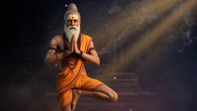 Ancient yogi in kneeling prayer pose under golden temple rays, hands together at heart, smoke and sacred darkness creating a peaceful spiritual meditation wellness scene