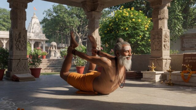 Ancient yogi practicing bow pose in a garden temple pavilion, hands holding feet as the chest lifts, orange robes and sacred architecture creating a graceful yoga wellness scene