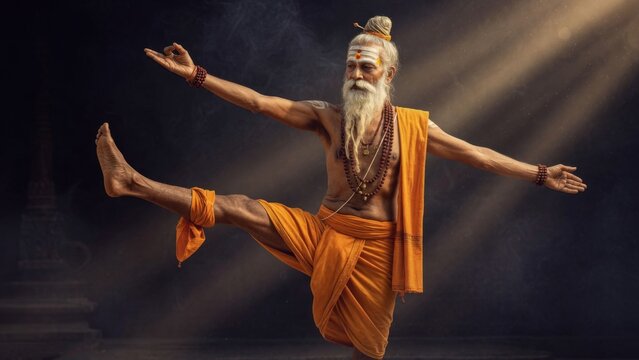 Ancient yogi performing extended hand to big toe pose under dramatic temple light, one leg raised forward with open arms creating a strong spiritual yoga wellness scene
