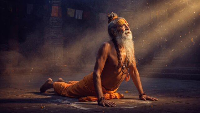 Ancient yogi practicing upward facing dog pose in a dark temple, chest lifted and legs extended, incense smoke and golden rays creating a powerful spiritual yoga wellness scene