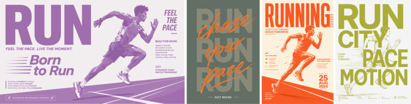 Bold running sport vector poster set with sprint athlete, track lines, race typography, city run graphics, motion effects and energetic fitness event designs for sports promotion