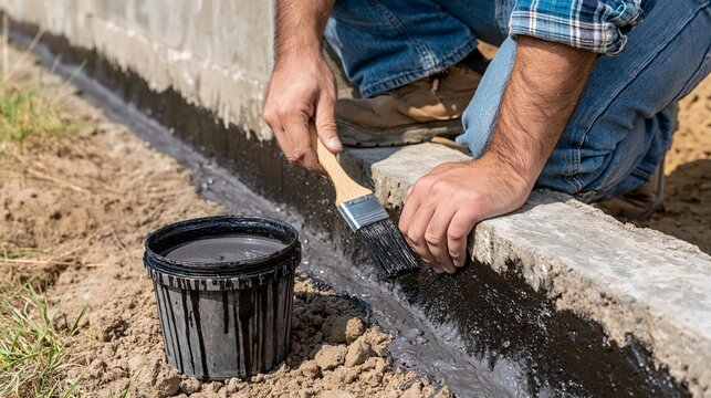 Worker applies waterproof black bitumen sealant to a concrete foundation using a wooden handled paint brush