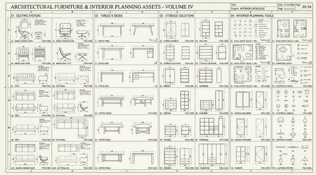 Architectural furniture and interior planning assets reference sheet