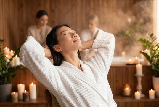 Woman in bathrobe relaxing with closed eyes in a tranquil spa steam room