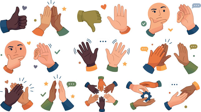 Diverse Hand Gestures Icon Set with High Five Clapping Thumbs Up Thumbs Down and Teamwork Partnership Symbols for Business Communication Desi