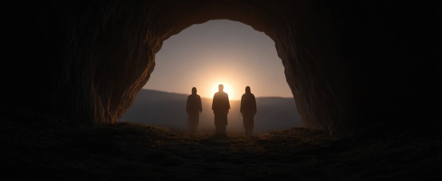 Three guys walking toward a radiant vacant cave at dawn for a spiritual Easter experience.
