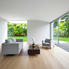 Fototapeta premium Modern Living Room with Large Windows Overlooking Lush Green Garden.