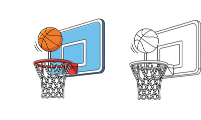 Cartoon basketball flying into hoop vector illustration, color and black and white line art coloring page © MstTabassum
