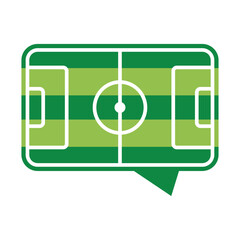 Icono chat deportivo. Logo con vista aérea de un campo de fútbol con forma cuadrada de burbuja de habla de color verde, con las líneas reglamentarias en color blanco © teracreonte
