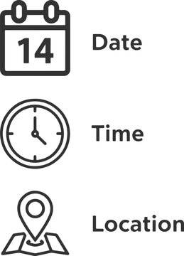 Date time location icons in black on white background for organization and planning purposes  essential elements for event scheduling and mapping