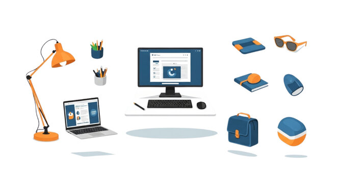 Modern Freelancer Workspace Equipment Isometric Vector Pack with Creative Desk Accessories and Digital Office Tools