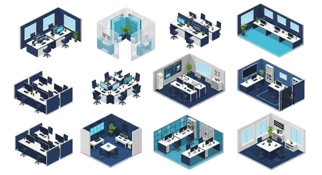 Futuristic Data Analytics Office Isometric Vector Pack with Tech Workspace and Monitoring Stations