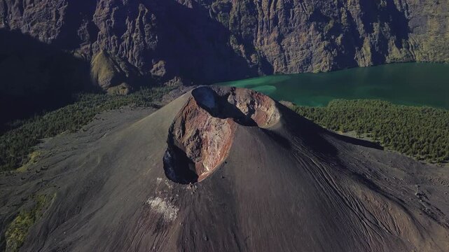 Close aerial view of Mt. Barujari cone in Segara Anak, Mt. Rinjani, Lombok