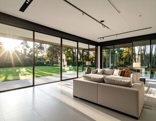 Fototapeta premium Modern Living Room with Floor-to-Ceiling Windows Overlooking a Lush Green Garden at Sunset.