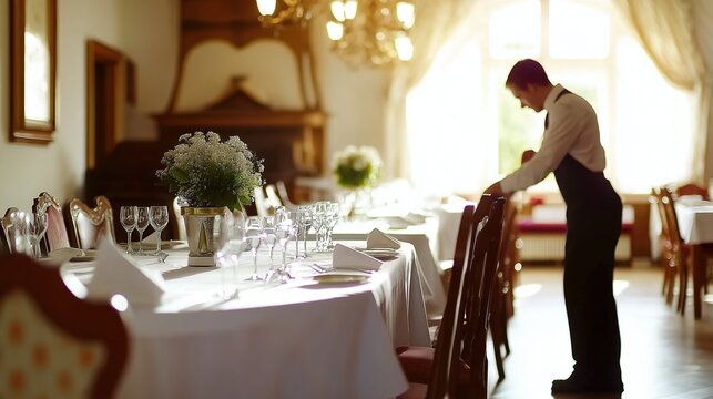 restaurateur. A restaurateur checking a set table in an empty dining room. pitch deck slides, case study pages, designed for corporate presentation decks and stakeholder reports.