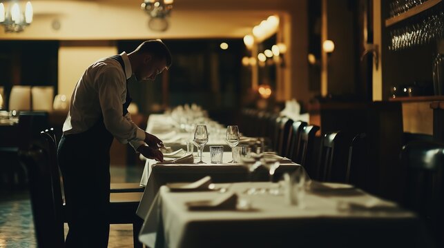 restaurateur. A restaurateur checking a set table in an empty dining room. pitch deck slides, case study pages, designed for corporate presentation decks and stakeholder reports.