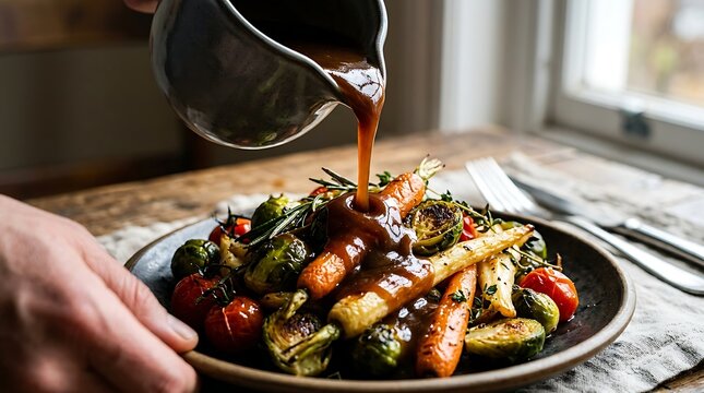 Pouring rich gravy over roasted winter vegetables on a rustic plate