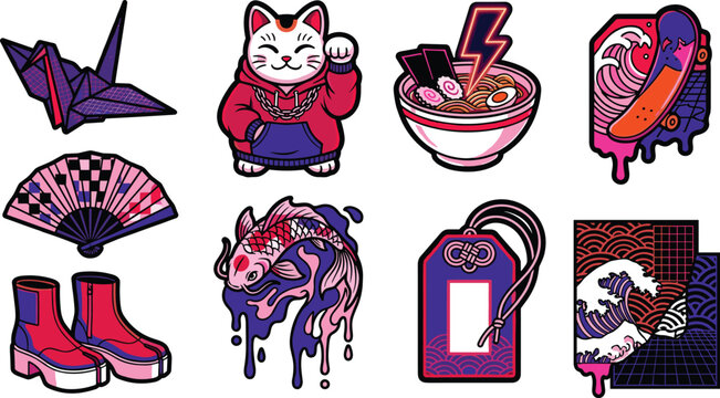 Japanese Pop Culture and Vaporwave Sticker Collection Featuring Lucky Cat, Origami Crane, Anime Food, Koi Fish, Wave Art, and Neon Urban Designs