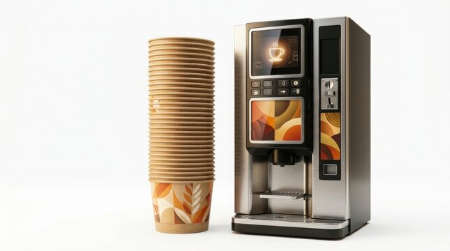 Coffee Vending Machine with Paper Cup Stack White Background