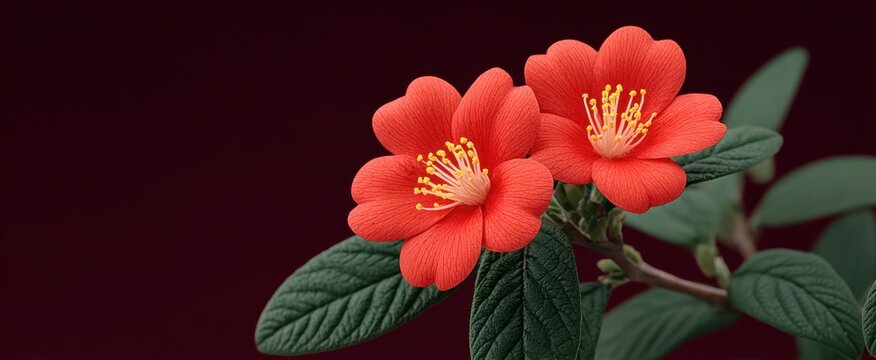 Daun musim gugur kuning keemasan melingkari bunga merah cerah seperti pelangi di tanah kering