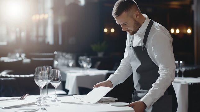 restaurateur. A restaurateur checking a set table in an empty dining room. pitch deck slides, case study pages, designed for corporate presentation decks and stakeholder reports.