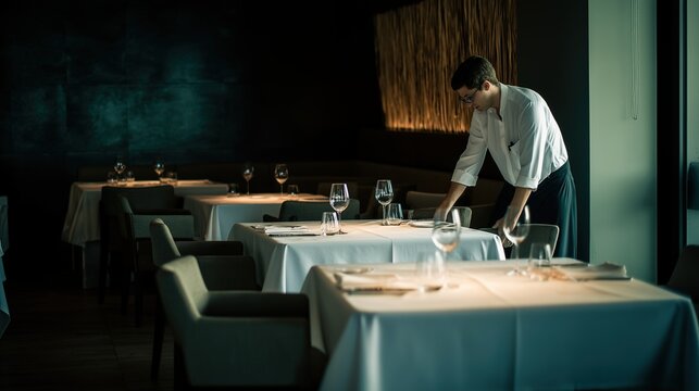 restaurateur. A restaurateur checking a set table in an empty dining room. pitch deck slides, case study pages, designed for corporate presentation decks and stakeholder reports.