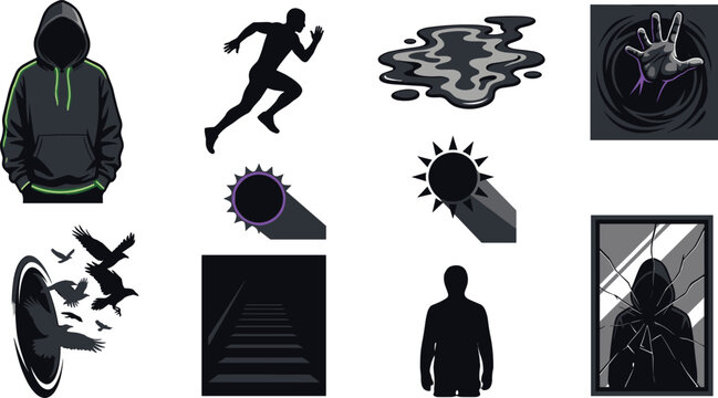 Dark Urban Mystery and Horror Illustration Collection Featuring Hooded Figure, Shadow Portal, Running Silhouette, Raven, Eclipse, and Gothic Street Style Elements