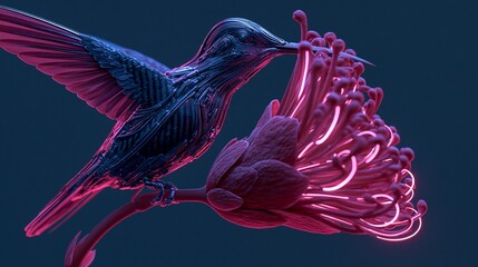 Fototapeta premium Mechanical cybernetic hummingbird hovering near a vibrant glowing pink flower under soft dramatic studio lighting