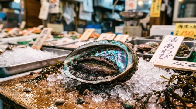 A fresh abalone shell with vibrant iridescent nacre sits on a bed of crushed ice at a bustling local seafood market, displaying natural beauty and exotic textures for fine dining culinary needs.
